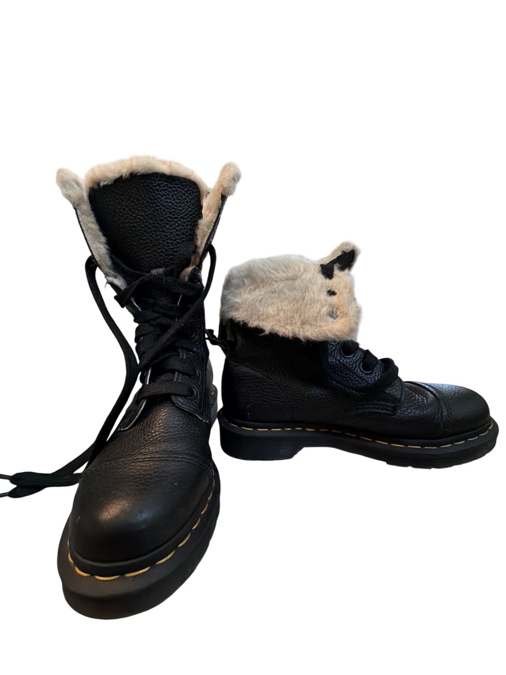 Dr. Martens Black Leather Lace-Up Boots with Cream Fur Trim